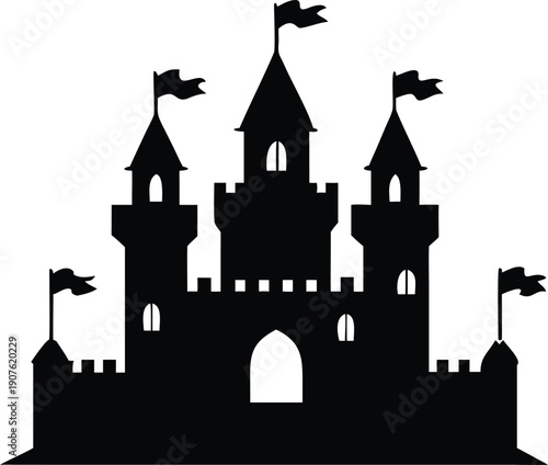 A striking silhouette of a medieval castle with multiple towers and flags