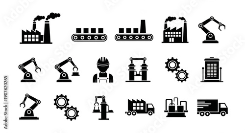 Industrial factory and manufacturing icons set.