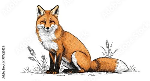 Red Fox Sitting in Grass Illustration.