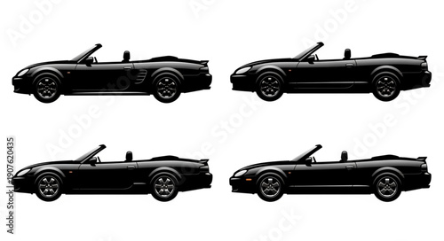 Four Black Convertible Sports Cars Side View Isolated.