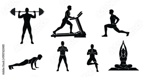 Fitness silhouettes showing various exercises and poses.