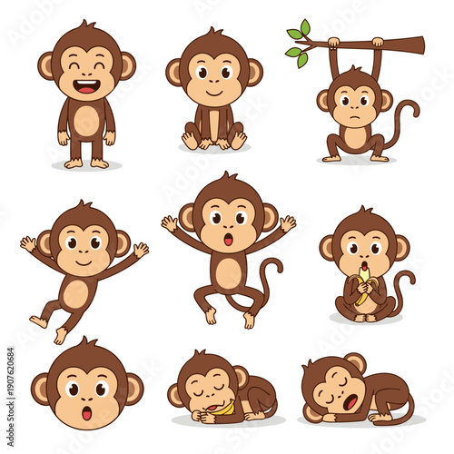 Playful cartoon monkeys in various fun poses and expressions