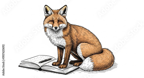 Red Fox Sitting on an Open Book Illustration.