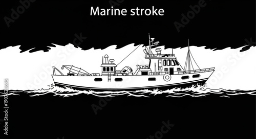 Fishing boat sailing on rough seas illustration.