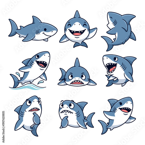 Cartoon sharks with various expressions in playful vector illustrations