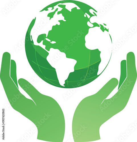 A green earth globe is gently held within two open supportive hands