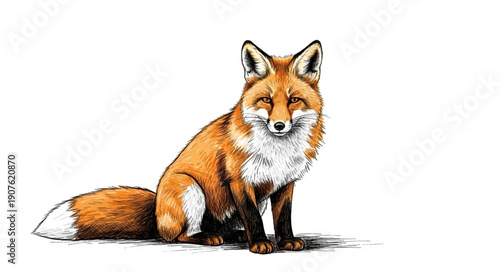Red Fox Sitting on White Background Realistic Illustration.