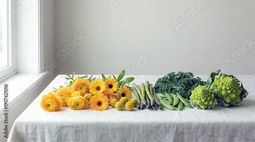 St David’s Day Celebration with Daffodils and Green Vegetables on Table, Welsh Tradition Concept