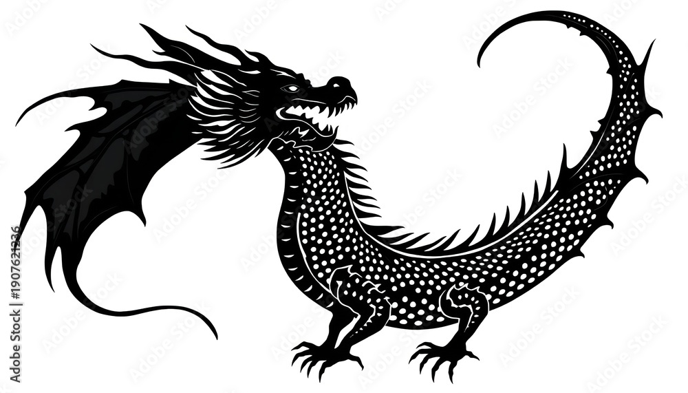 Fototapeta premium Black stylized Eastern dragon with dotted texture and wings