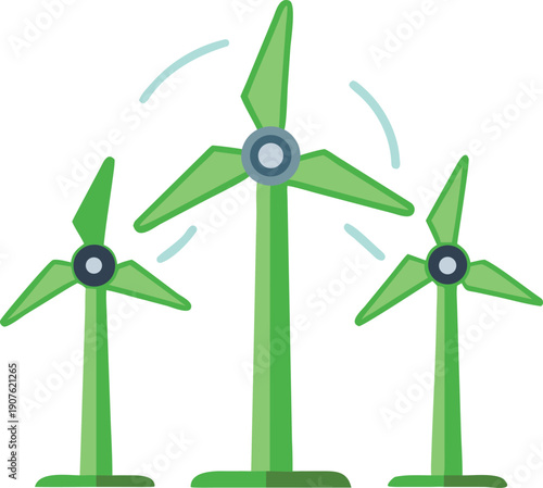 Three green wind turbines stand against a plain white background generating power