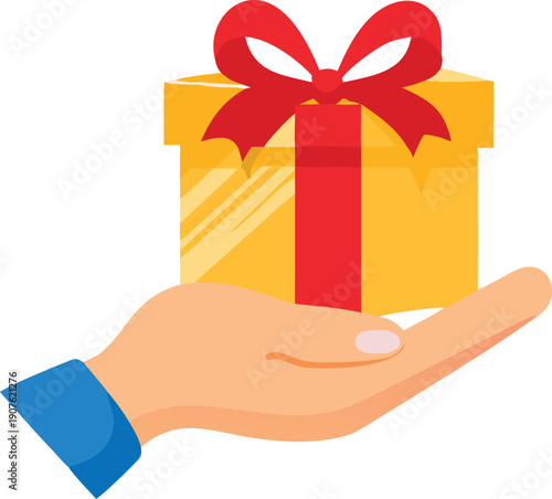 A hand presenting a golden gift box adorned with a vibrant red