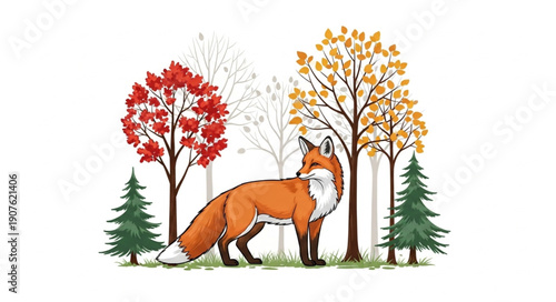 Red Fox Standing in Autumn Forest Scene.