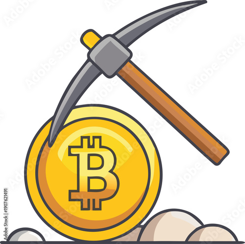 A digital bitcoin mining illustration featuring a pickaxe and golden coin high quality