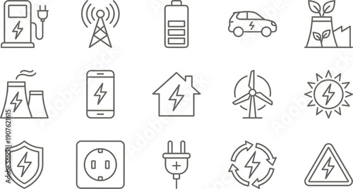 Linear vector icon set for renewable energy and electric power featuring charging stations wind turbines solar panels electric cars battery life and green power