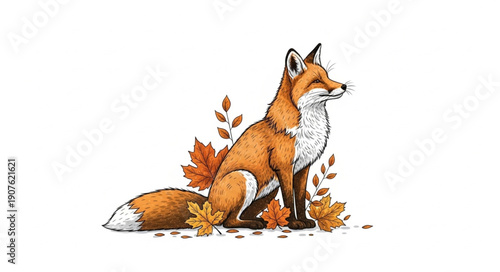 Red Fox Sitting Among Autumn Leaves Illustration.