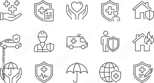 Linear vector icon set for insurance and protection services featuring health medical shields car coverage home security life insurance umbrellas and emergency ambulance symbols