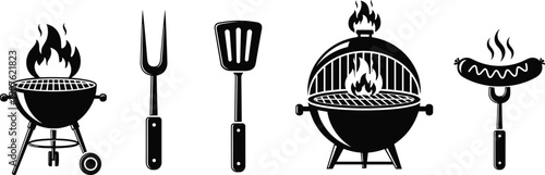Collection of black barbecue grill silhouettes including kettle grill, spatula, fork, and sausage, cad drawing flat vector illustration for design.