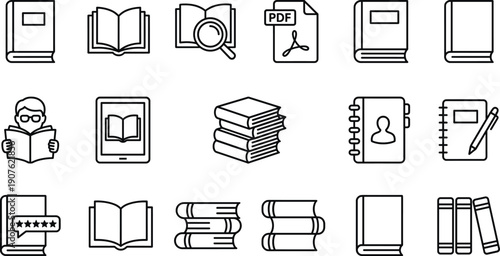 Linear vector icon set for reading and literature featuring hardcover books open pages digital tablets pdf documents notebook planners and students for academic library