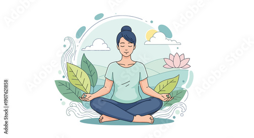 Vector illustration of a woman with her daughter and son practicing yoga and meditation in lotus poses for relaxation and health