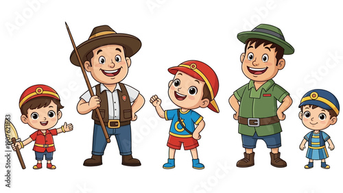 Funny vector illustration set of a group of children and people including a pirate and an elf having school holiday fun