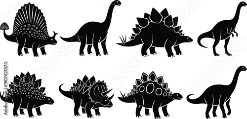 Collection of black dinosaur silhouettes including brachiosaurus, stegosaurus, and triceratops, cad drawing flat vector illustration for prehistoric world and museum design.