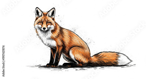 Red Fox Sitting Illustration Sketch Style.