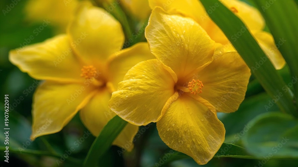 Obraz premium Yellow Tropical Flower Macro with Dew Drops and Green Leaves Background