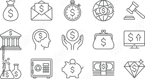 Linear vector icon set for personal finance and wealth management featuring money bags bank buildings piggy banks global currency safes and financial investment symbols