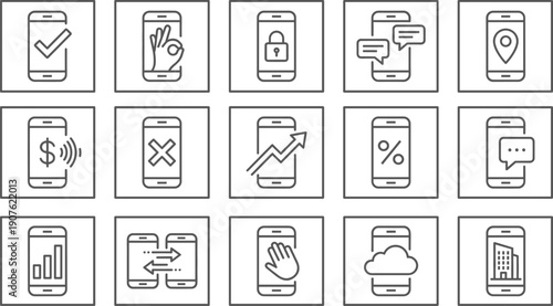 Linear vector icon set for mobile app interface and digital smartphone operations featuring secure locks data growth wireless payments location tracking and messaging