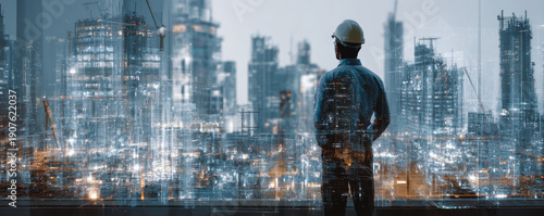 Future city smart city construction worker civil engineer digital overlay double exposure urban skyline skyscraper night technology