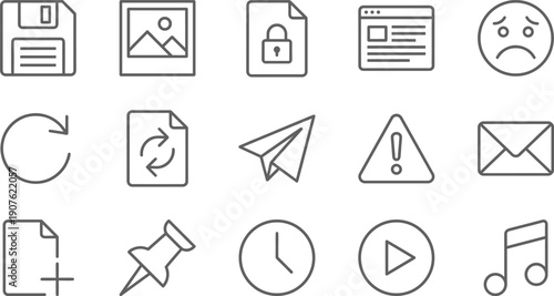 Linear vector icon set for essential interface and computer operations featuring floppy disk saving photo gallery locked documents refresh alerts and digital media symbols