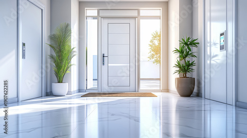 Modern entryway smart door white hallway bright light home automation clean floor natural plant welcoming atmosphere