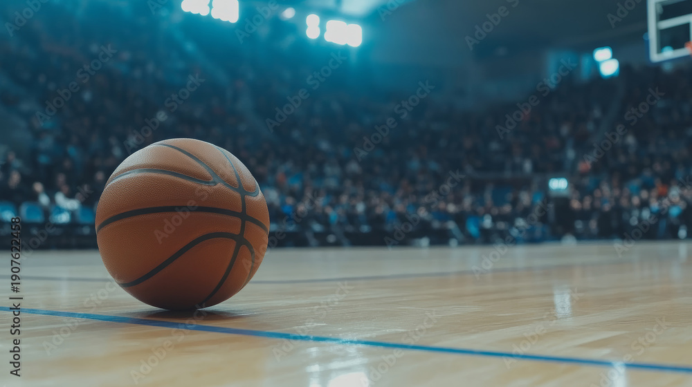 Naklejka premium Basketball court arena sport game ball spotlight competition wooden floor Basketball court indoor arena with spotlight ball and blurred crowd
