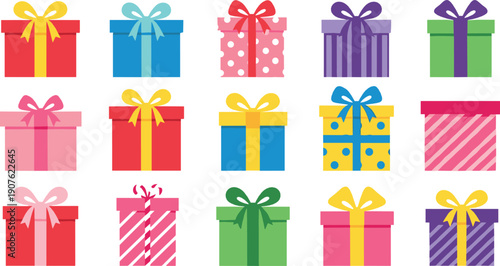 Colorful gift boxes with ribbons and bows set festive flat vector illustration for birthday celebration holiday party and special occasion designs