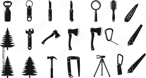 Collection of black survival tool silhouettes including axe, saw, and hammer, cad drawing flat vector illustration for outdoor camping design.