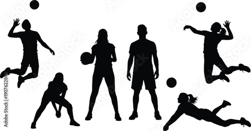 Collection of black volleyball player silhouettes including serving, spiking, and diving poses, cad drawing flat vector illustration for sports design.