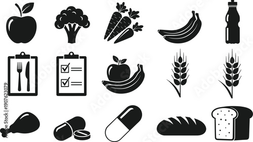 Collection of healthy food icons including fruits, vegetables, bread, and nutrition supplements, cad drawing flat vector illustration for diet and wellness.