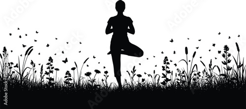 Woman in yoga tree pose silhouette standing in flower meadow with butterflies, cad drawing flat vector illustration for wellness design.