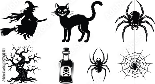 Collection of black Halloween silhouettes including witch, black cat, spider, haunted tree, and poison bottle, cad drawing flat vector illustration.