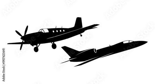 Silhouette of a propeller plane and a jet fighter.