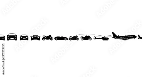 Collection of various transportation vehicles lined up in silhouette.