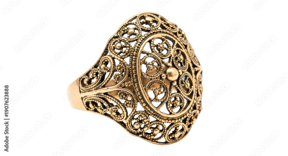 Fototapeta premium Gold ring with intricate filigree design and small diamonds isolated on transparent background