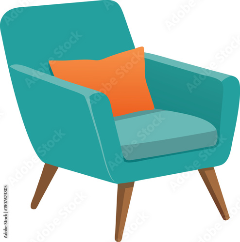 A teal armchair with a vibrant orange cushion sits on wooden legs