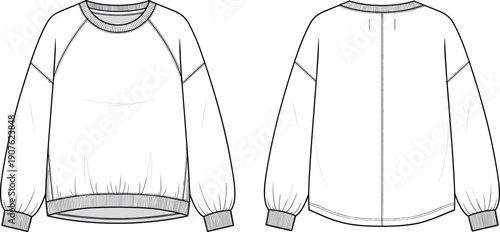 Oversized Raglan Sweatshirt Technical Drawing Vector Illustration Front and Back View Fashion Flat Sketch Template