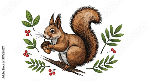 Red Squirrel Holding an Acorn Surrounded by Autumn Leaves and Berries.