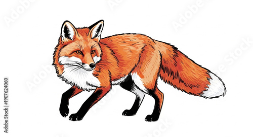 Red Fox Standing Isolated White Background Wild Animal.