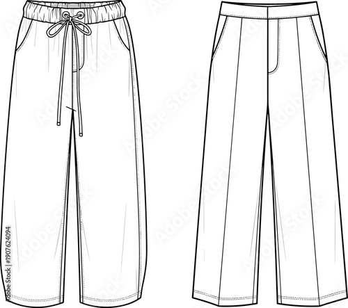 Vector technical fashion sketch set of women wide leg pants featuring casual drawstring and formal tailored trousers design.