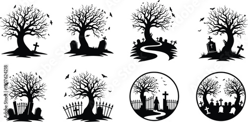 Collection of black spooky graveyard silhouettes with haunted trees and tombstones, cad drawing flat vector illustration for Halloween horror design.