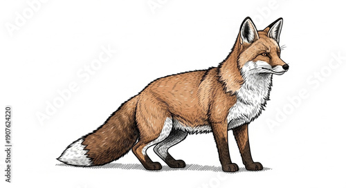 Red Fox Standing Side View Illustration.
