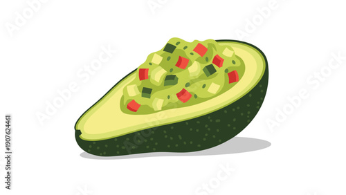 Fresh avocado half generously filled with vibrant, chunky guacamole, a healthy and delicious snack or appetizer for any meal.